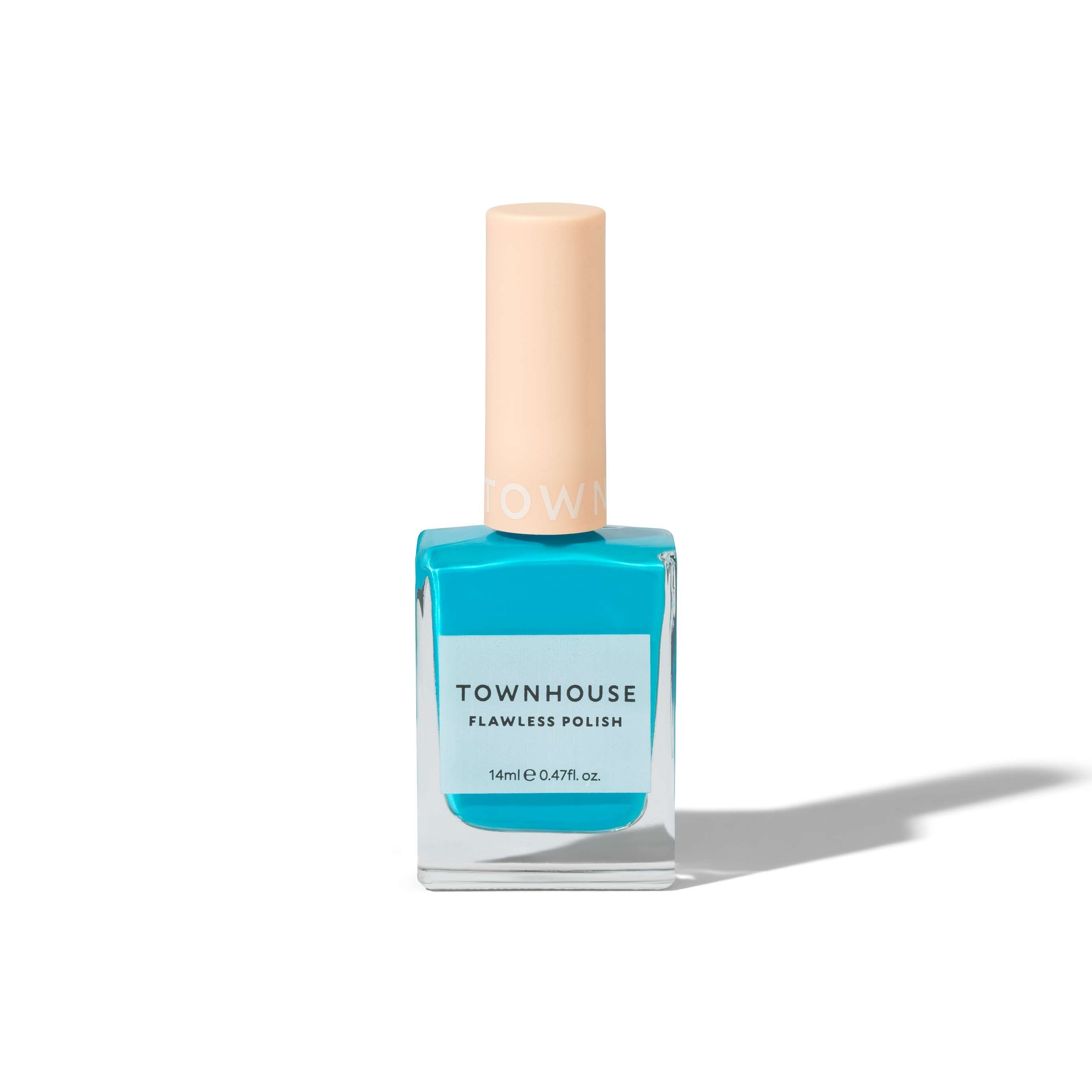 A bottle of TH - Blue Curacao Polish 14ml featuring a modern minimalist design with a light beige cap and a vibrant turquoise blue color. The bottle casts a soft shadow on a white background.