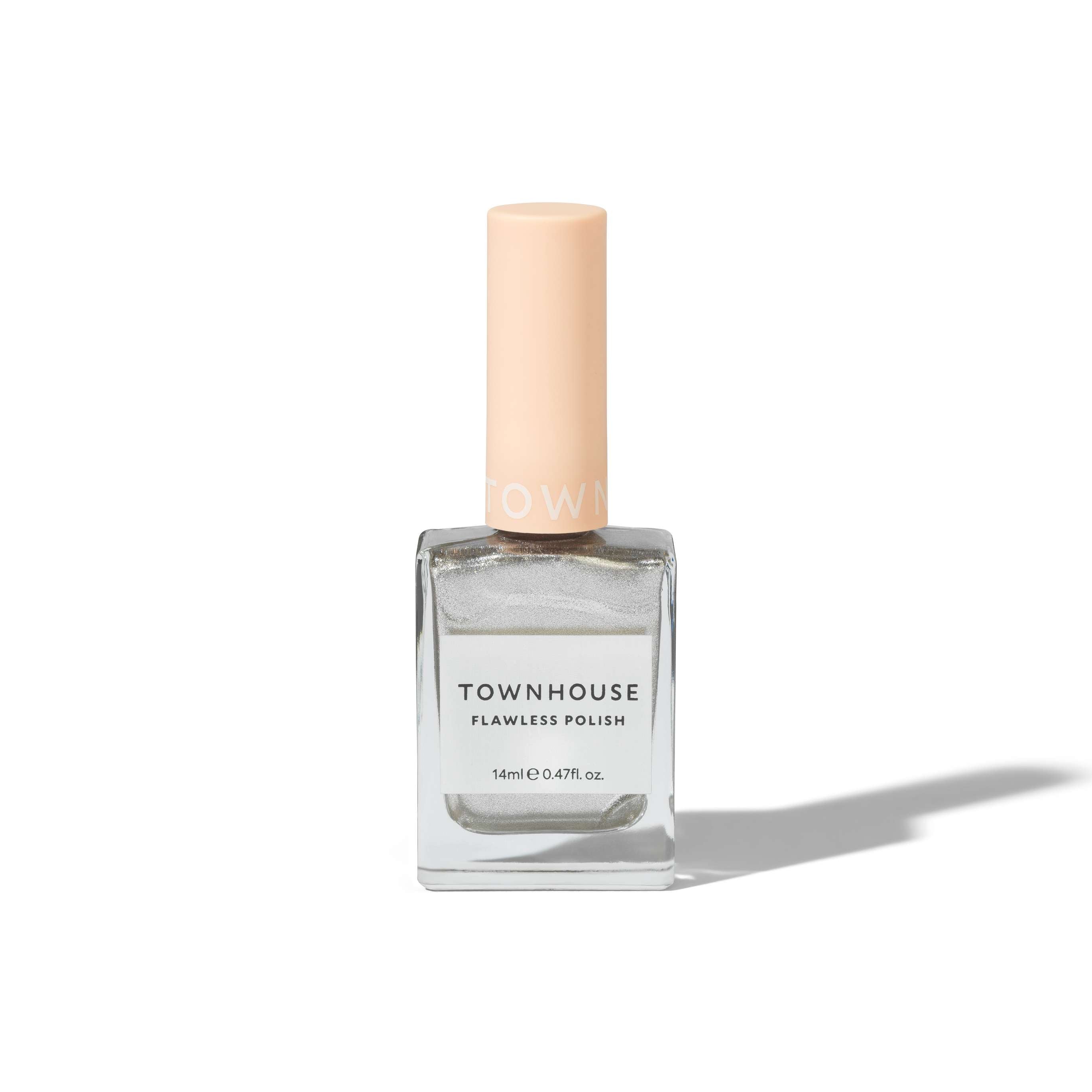 A bottle of TH - Silver Frosting Polish 14ml with a light beige cap, filled with silvery chrome-shimmer nail polish, standing upright on a white background.