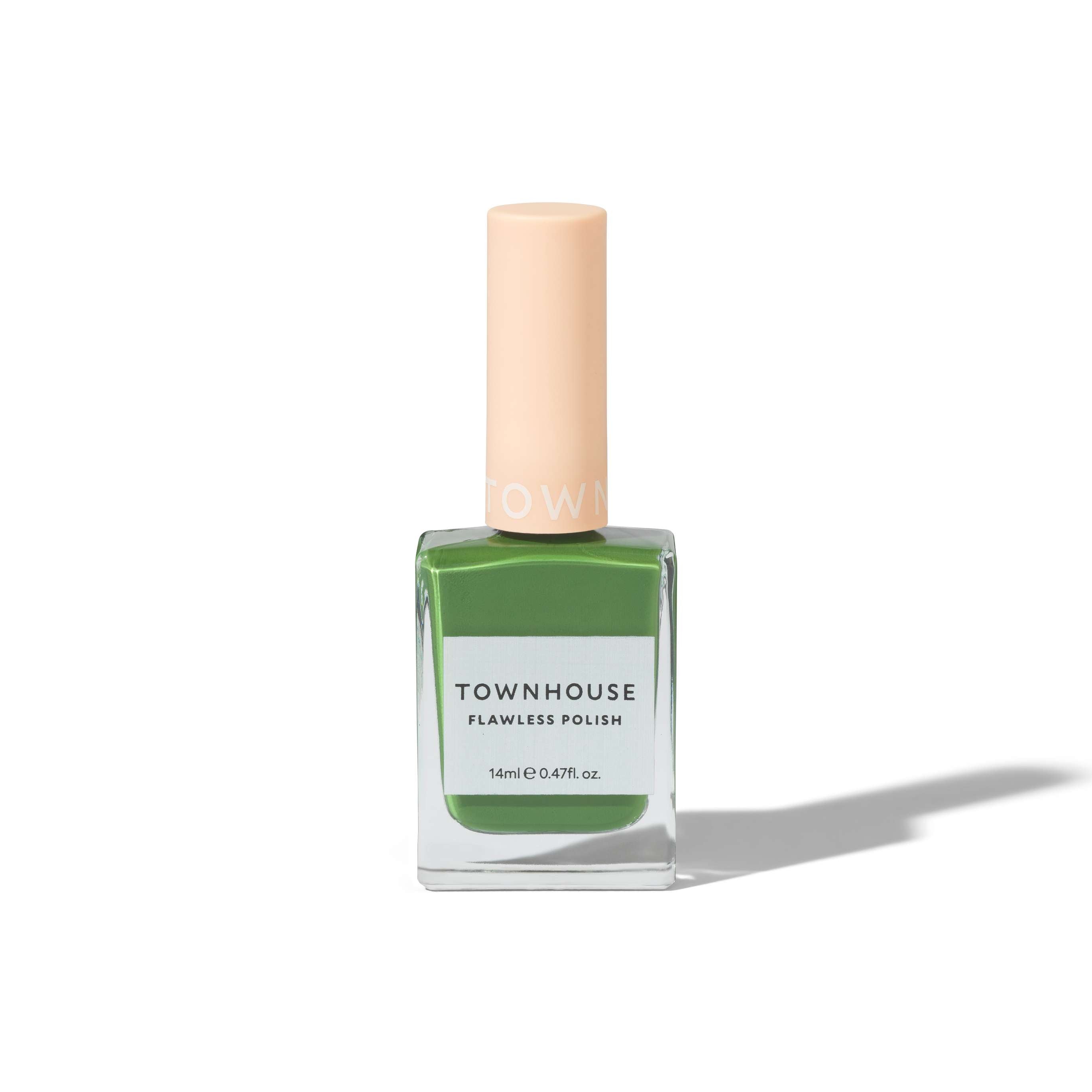 A bottle of TH - Olive Polish 14ml, with a peach-colored cap and olive nail polish inside a clear rectangular bottle, is displayed on a white background with a shadow.