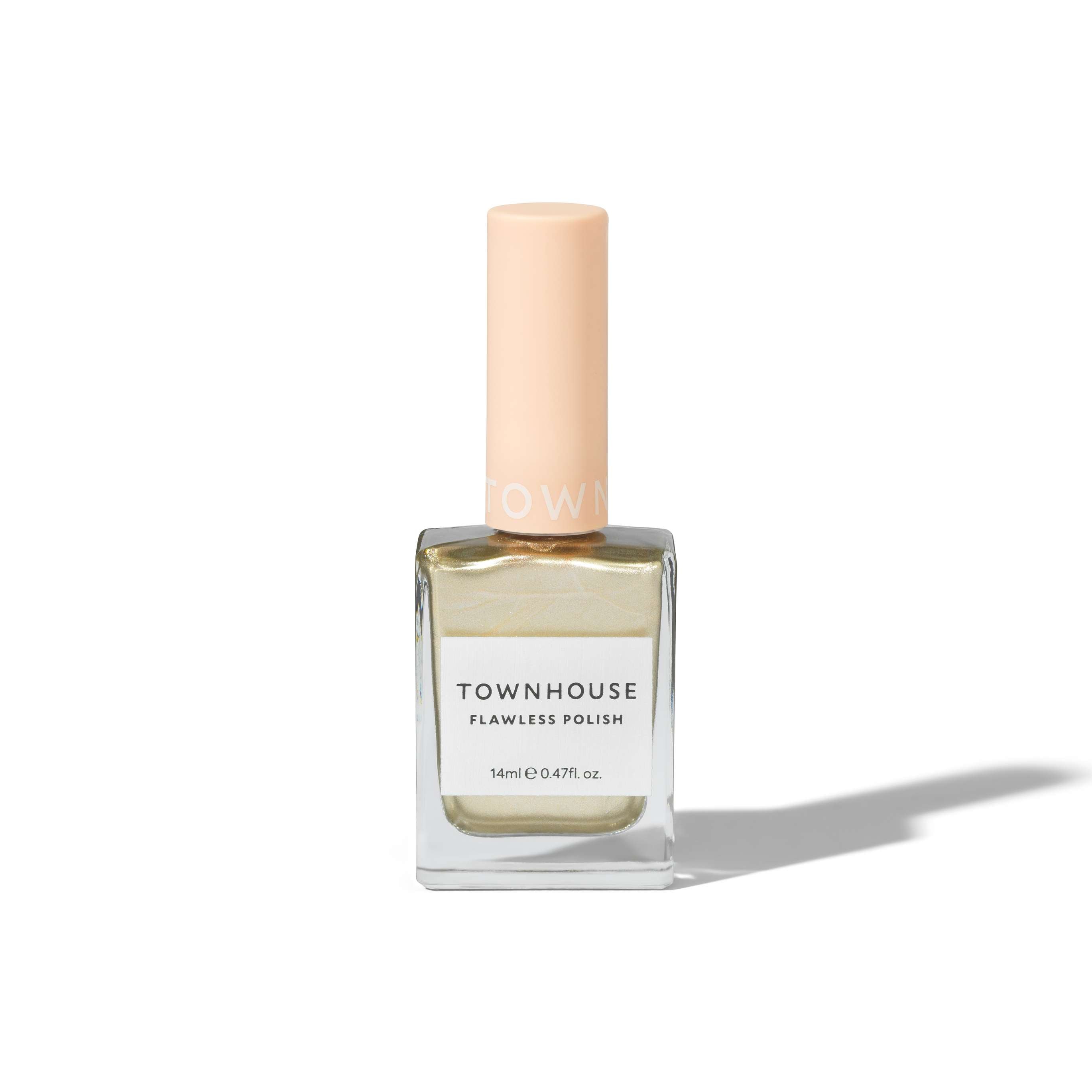 A bottle of TH - Gold Frosting Polish 14ml with a pale peach cap and light gold, luminous nail polish inside, placed on a white background with a soft shadow.