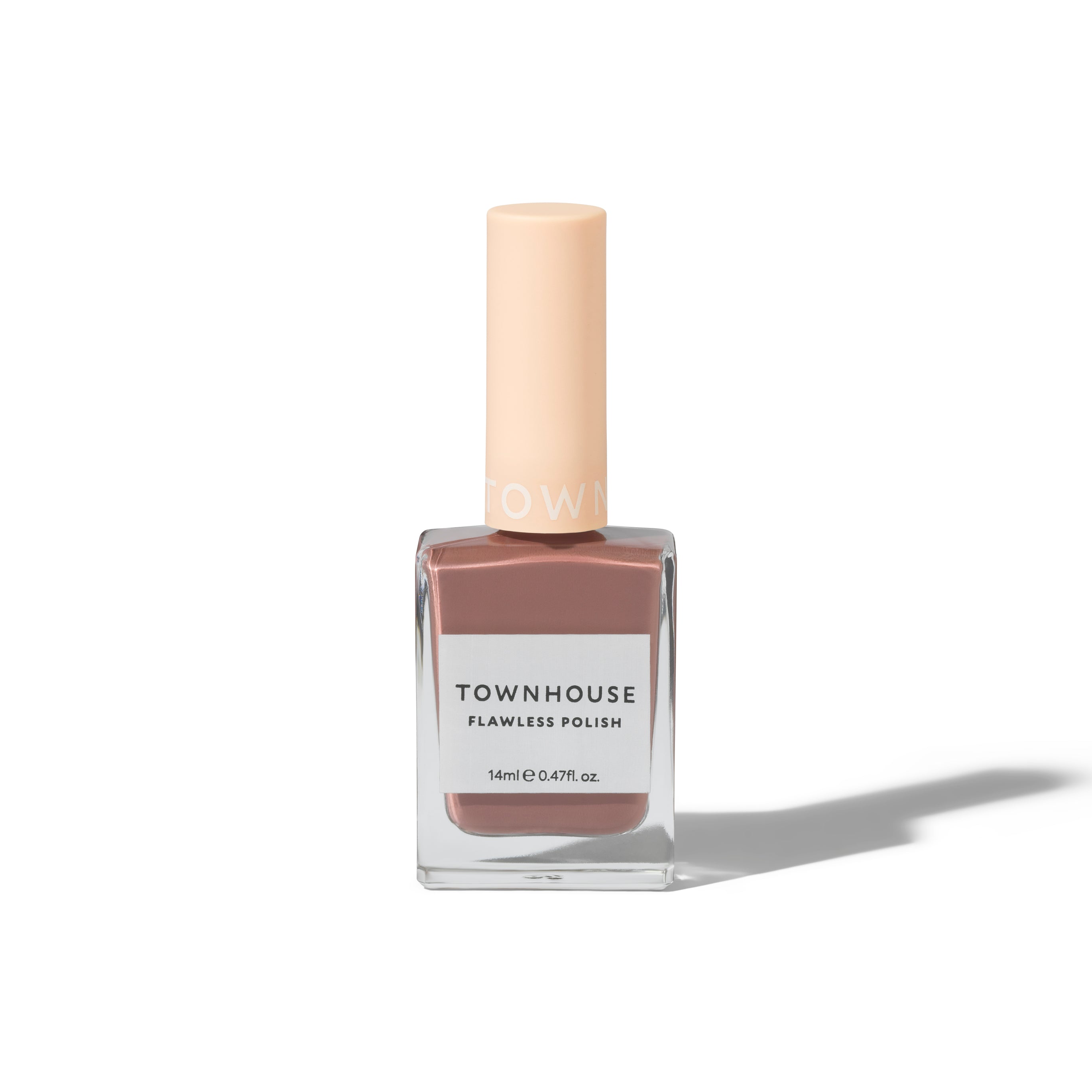 A bottle of TH - Mocha Polish 14ml, featuring a light peach cap and filled with a muted mauve shade reminiscent of brown nail polish, is displayed on a white background with a shadow to the right.