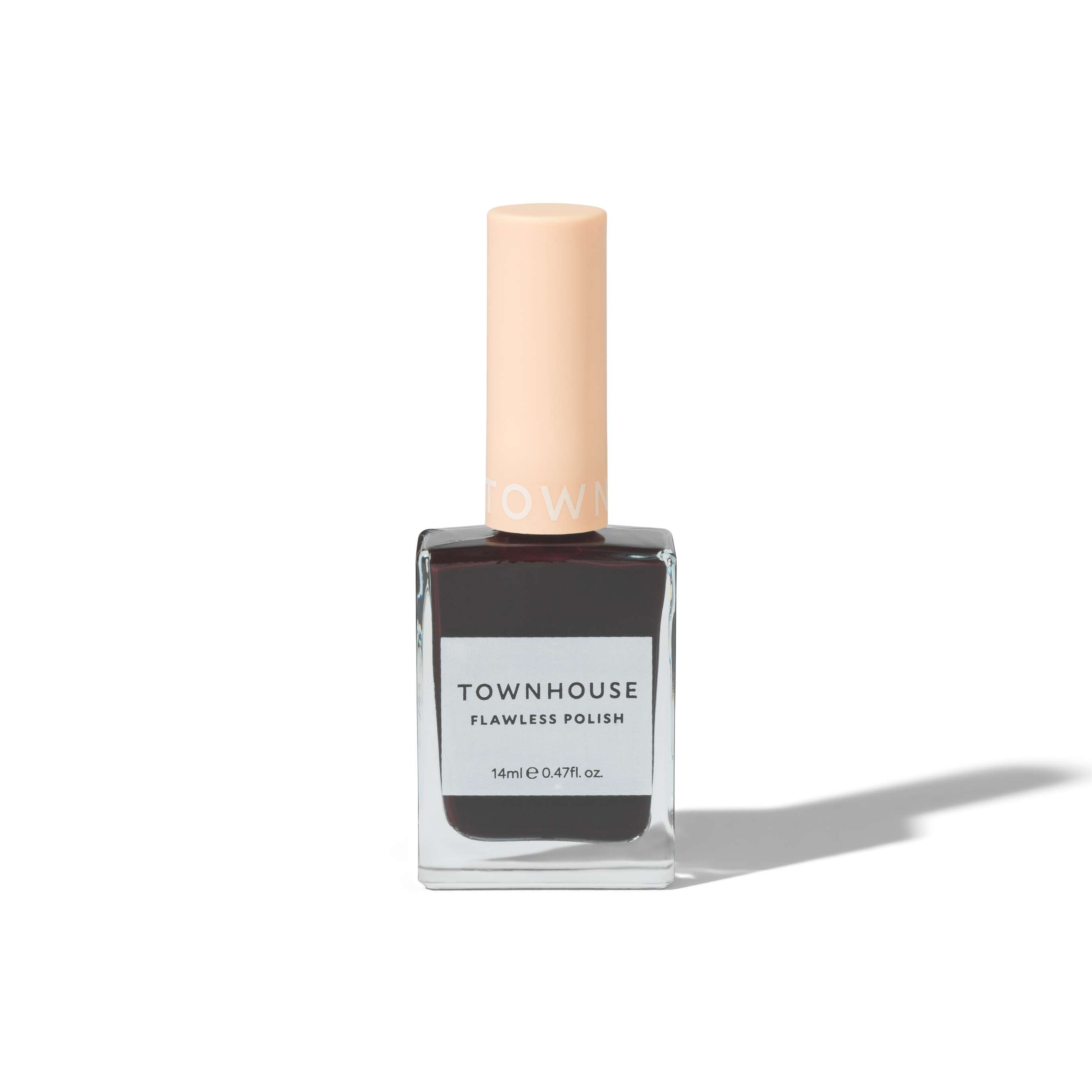 A bottle of TH - Blackcurrant Polish 14ml with a beige cap and clear rectangular glass container, filled with deep berry nail polish, displayed on a white background.