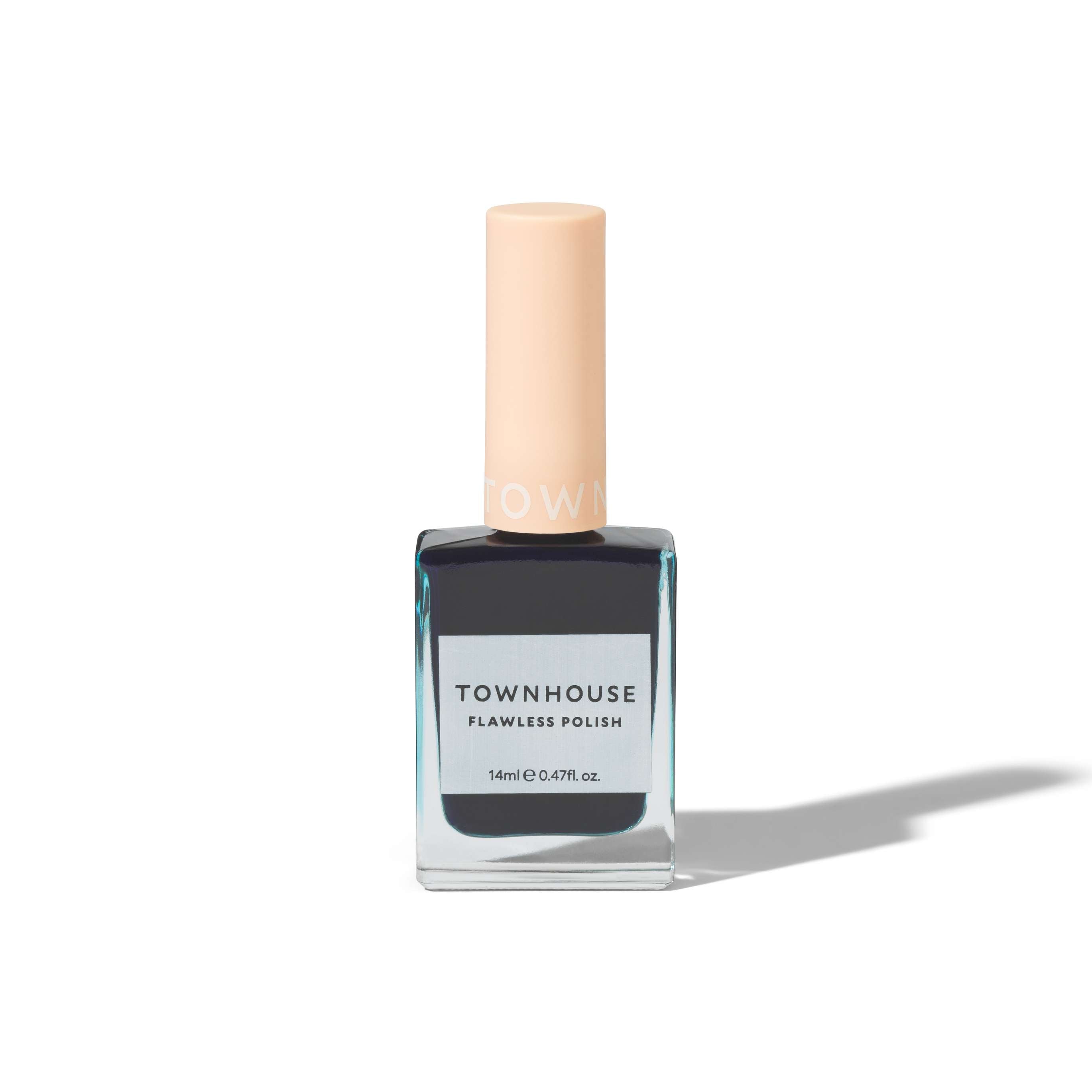 A bottle of TH - Blueberry Polish 14ml, featuring a light beige cap, square glass base, and white label, casts a shadow on a white background.