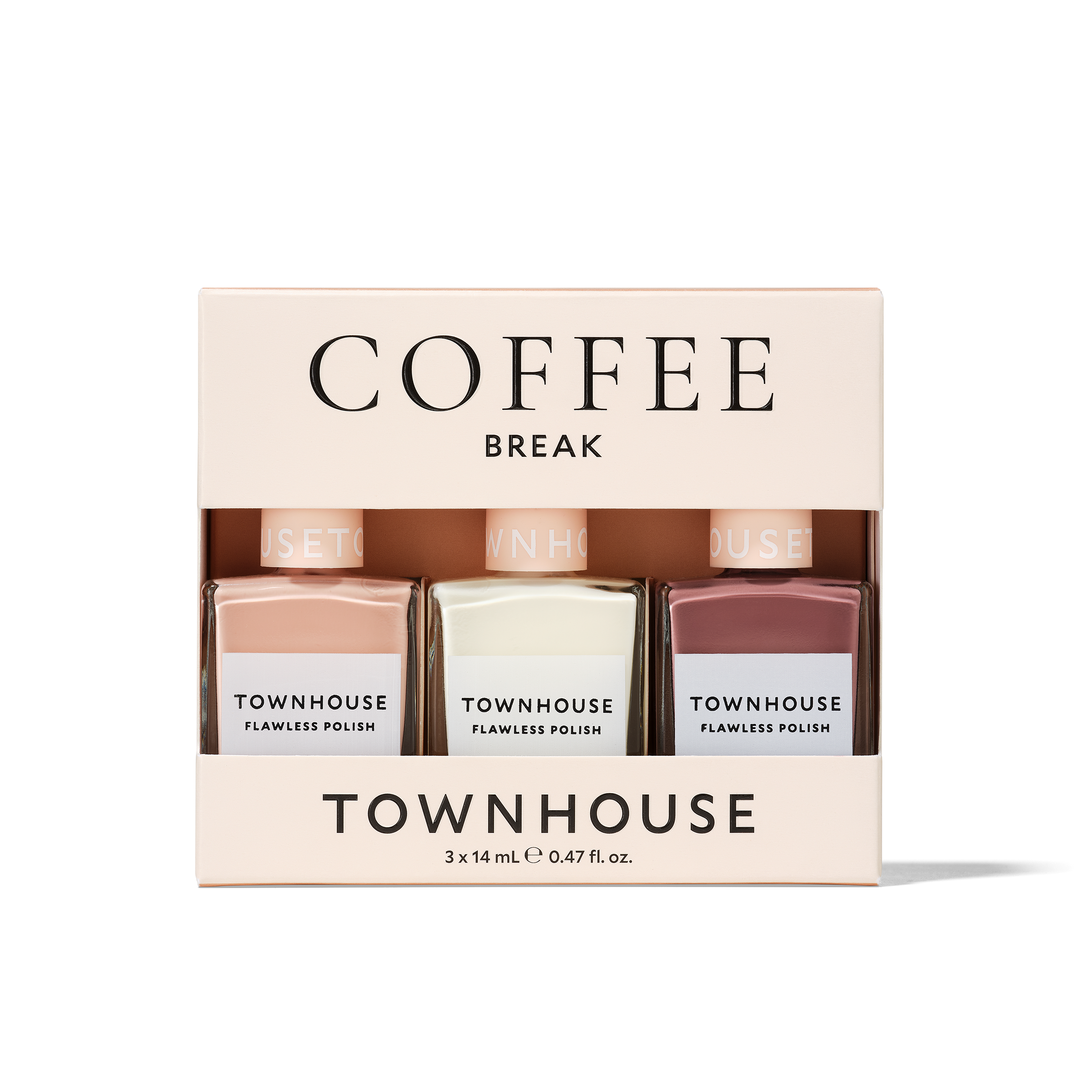 A set of three Townhouse nail polishes presented in a box labeled Coffee Break Kit, this neutral nail polish gift set features creamy, wearable shades of pink, cream, and mauve. Each bottle is marked with Flawless Polish and is part of the Townhouse Coffee Break Kit—perfect for everyday elegance.